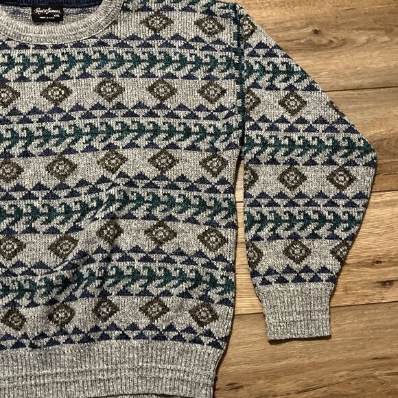 Men's VTG Reed St James Knit Sweater 2XL Gray USA Made Geometric Retro Grandpa - Picture 3 of 7